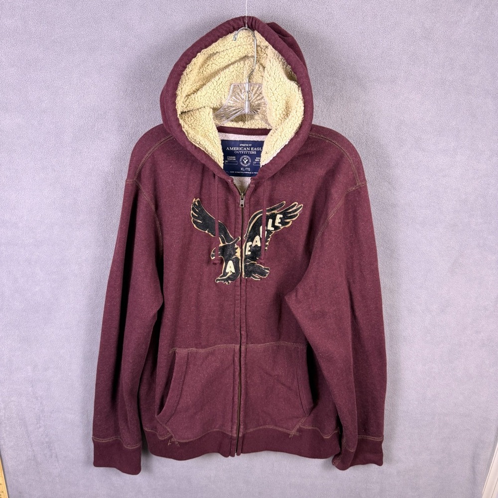 Y2K American Eagle Hoodie Size‎ XL Brown Mens Sweatshirt Premium Sherpa Grunge